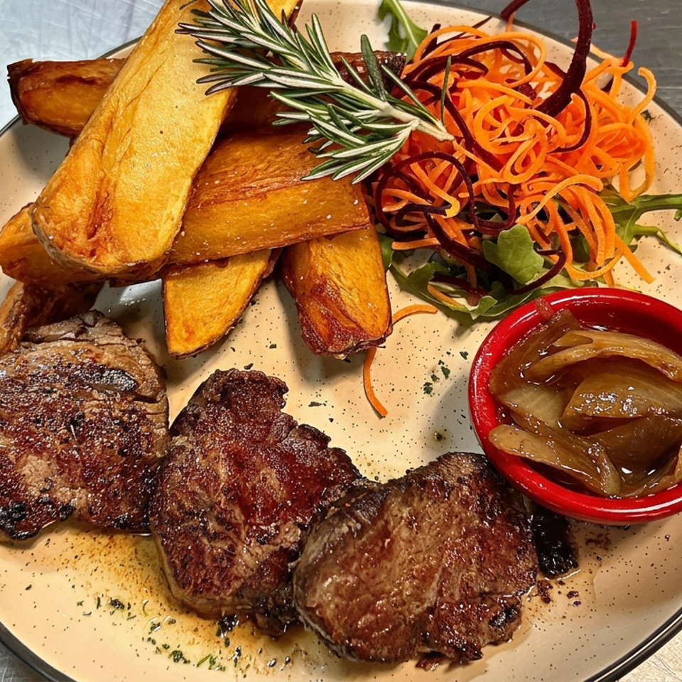 Grilled steak medallions with roasted potato wedges, spiral carrot salad, rosemary, and onion sauce on a plate.