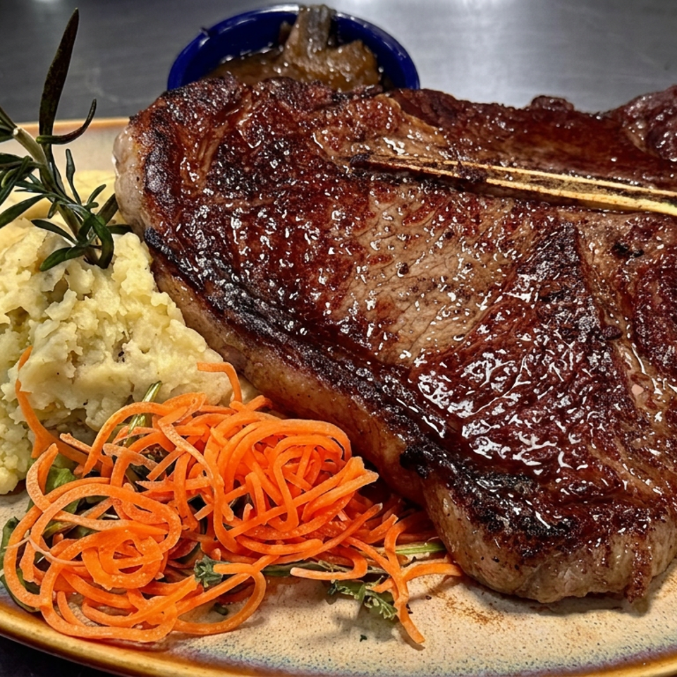 Grilled T-bone steak served with mashed potatoes, spiralized carrots, and rosemary on a ceramic plate.