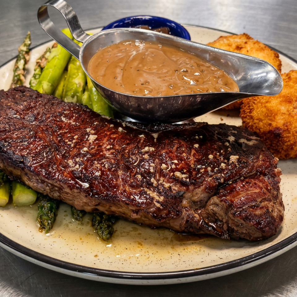 Grilled steak topped with garlic, served with asparagus, fried croquettes, and a boat of brown peppercorn sauce.